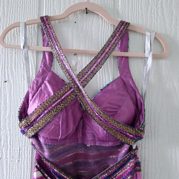 Davids Bridal Mermaid Prom Dress Beaded Sequin Criss Cross Straps Watercolor 1/2 - Picture 7 of 9